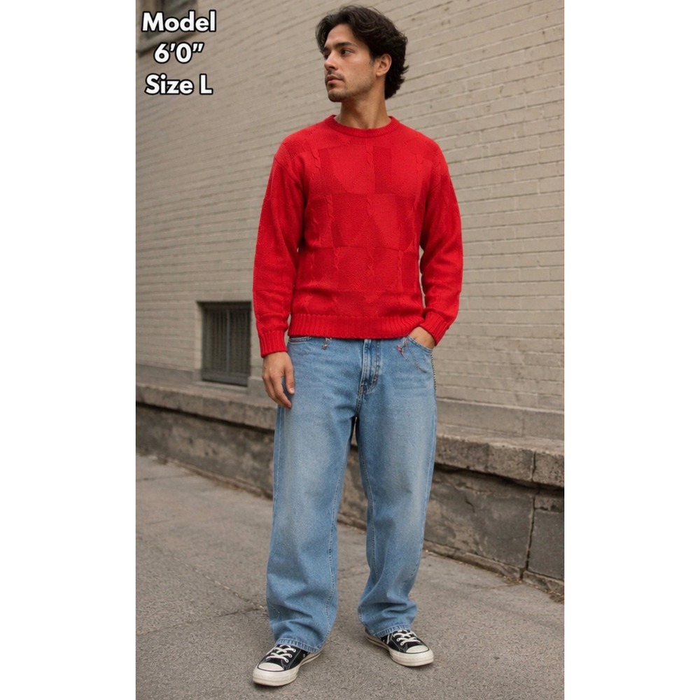Vintage 90s Jantzen Men Red Cable Knit Crewneck Sweater Large Made in USA Preppy